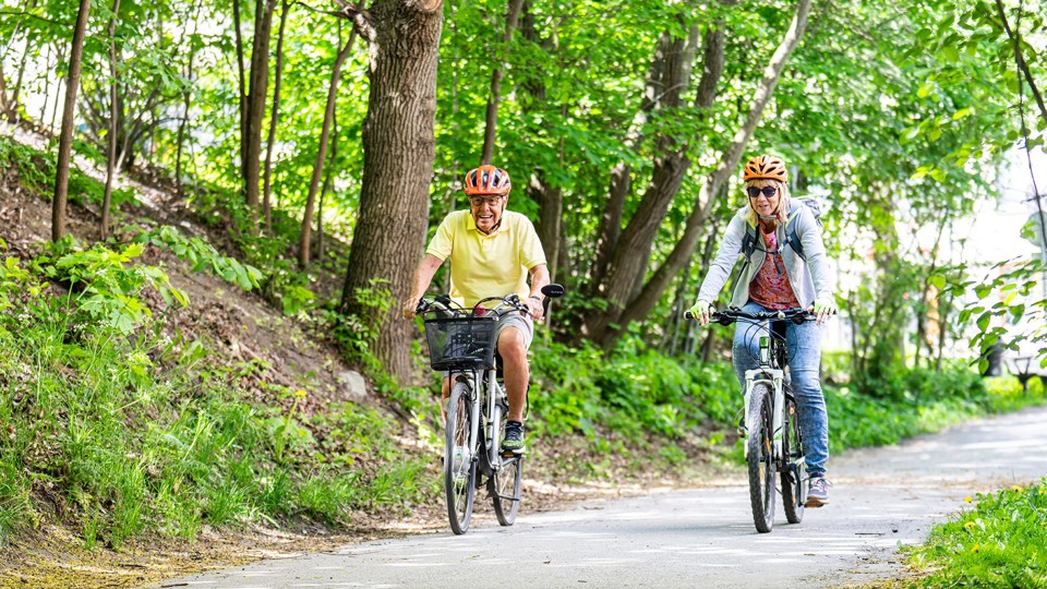 En man och en kvinna med cykelhjälp på huvudet cyklar på parkväg i skogsdunge.