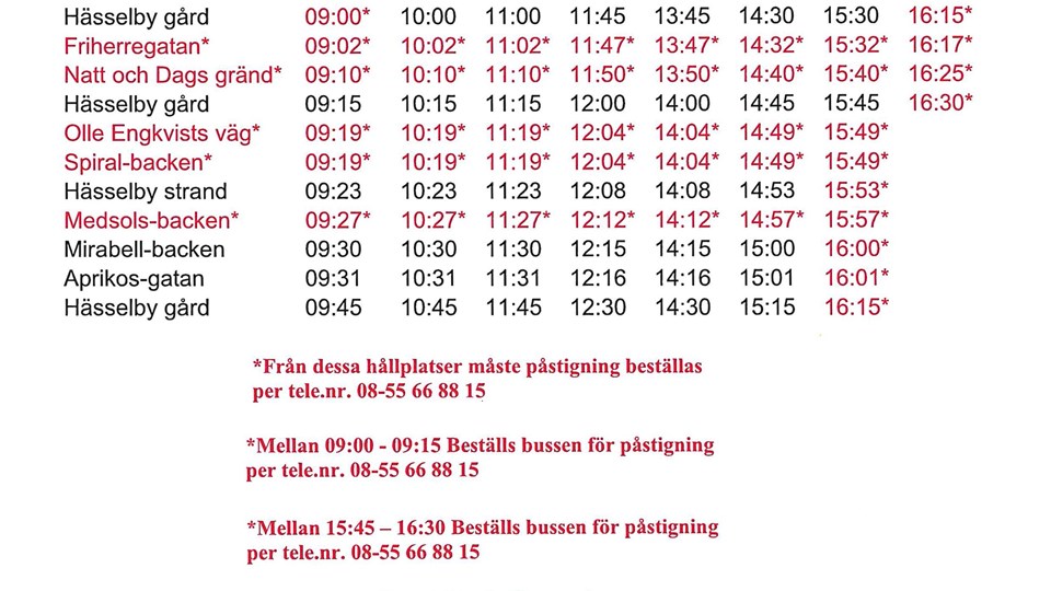 Närtrafikens tidtabell i Hässelby, tel 08-55 66 88 15