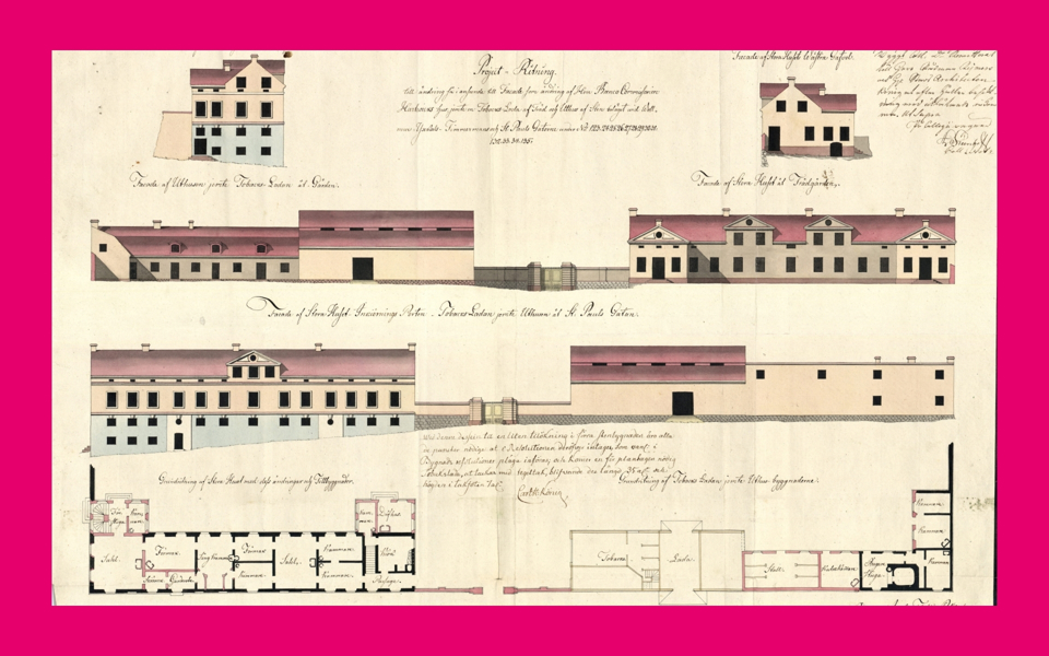 Byggnadsritning över 1700-talsbyggnad